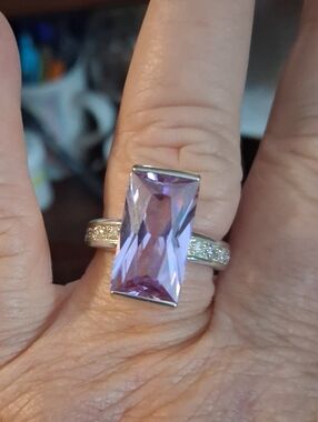 Huge Amythyst & CZ Ring In Sterling Silver Size 7